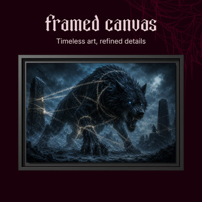 Fenrir shown as a black framed canvas on a deep red background beneath the heading Framed Canvas — Timeless art, refined details.