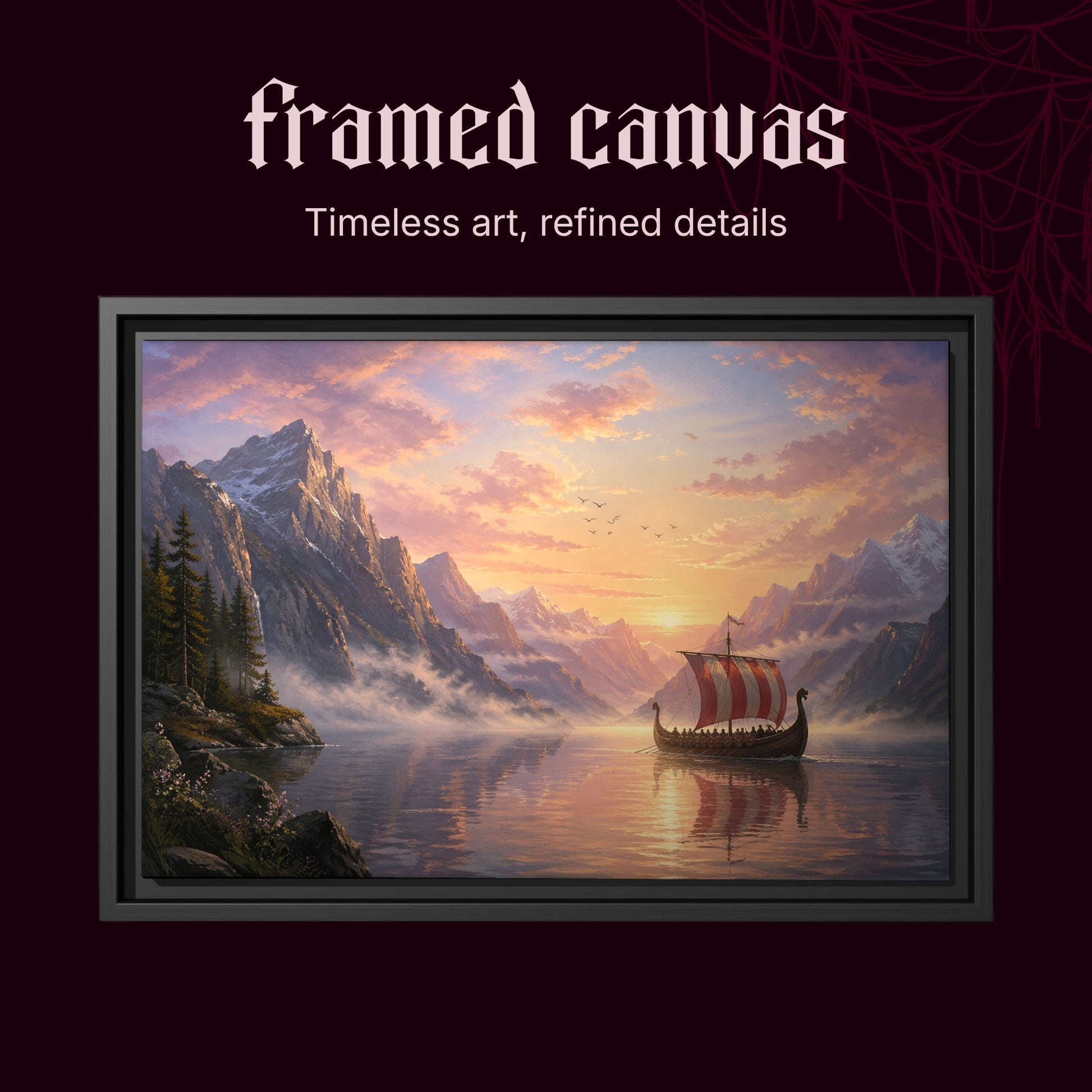 The Longship at Dawn shown as a black framed canvas on a deep red background beneath the heading Framed Canvas — Timeless art, refined details.