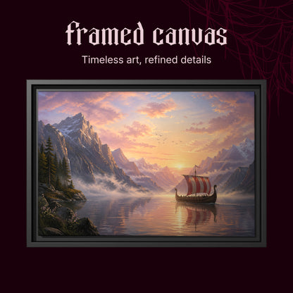 The Longship at Dawn shown as a black framed canvas on a deep red background beneath the heading Framed Canvas — Timeless art, refined details.
