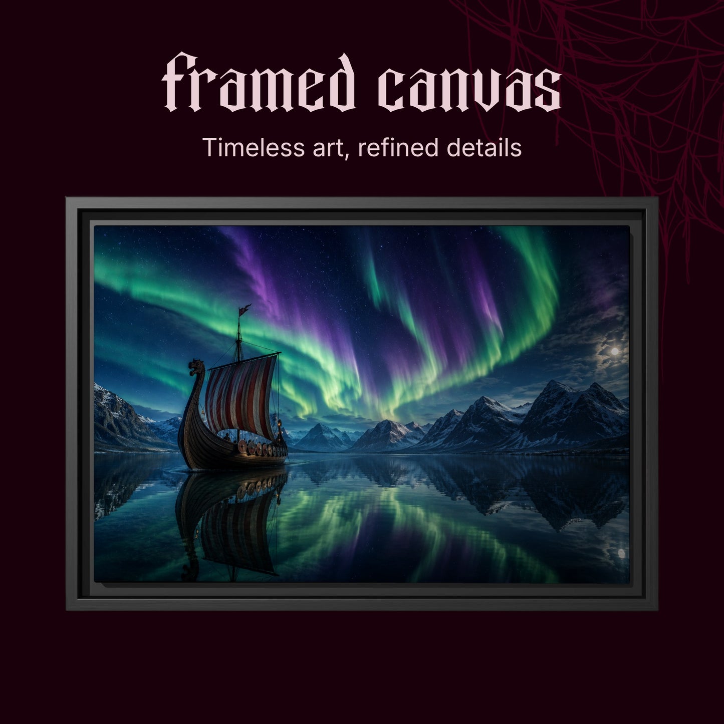 Drakkar shown as a black framed canvas on a deep red background beneath the heading Framed Canvas — Timeless art, refined details.