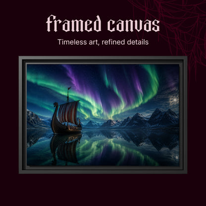 Drakkar shown as a black framed canvas on a deep red background beneath the heading Framed Canvas — Timeless art, refined details.