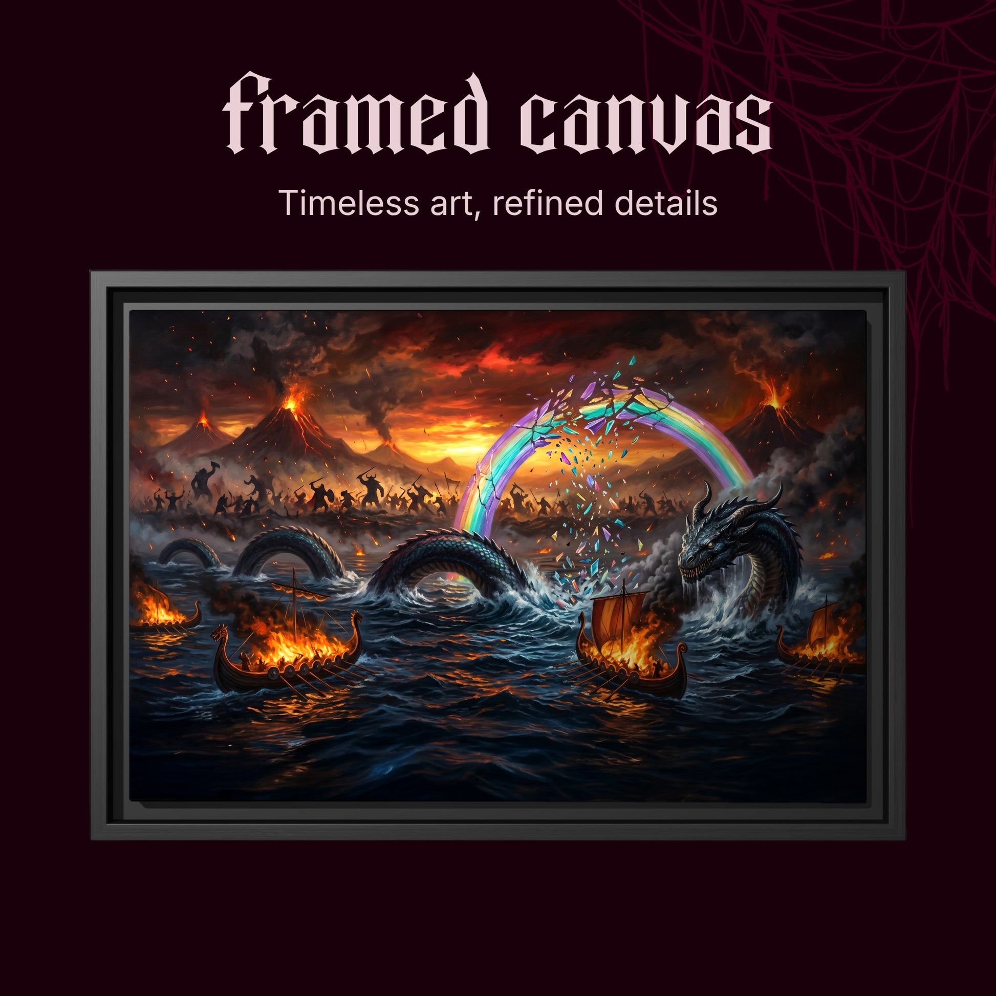 Ragnarök shown as a black framed canvas on a deep red background beneath the heading Framed Canvas — Timeless art, refined details.