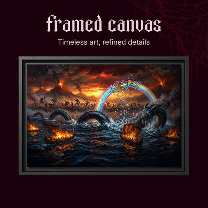 Ragnarök shown as a black framed canvas on a deep red background beneath the heading Framed Canvas — Timeless art, refined details.