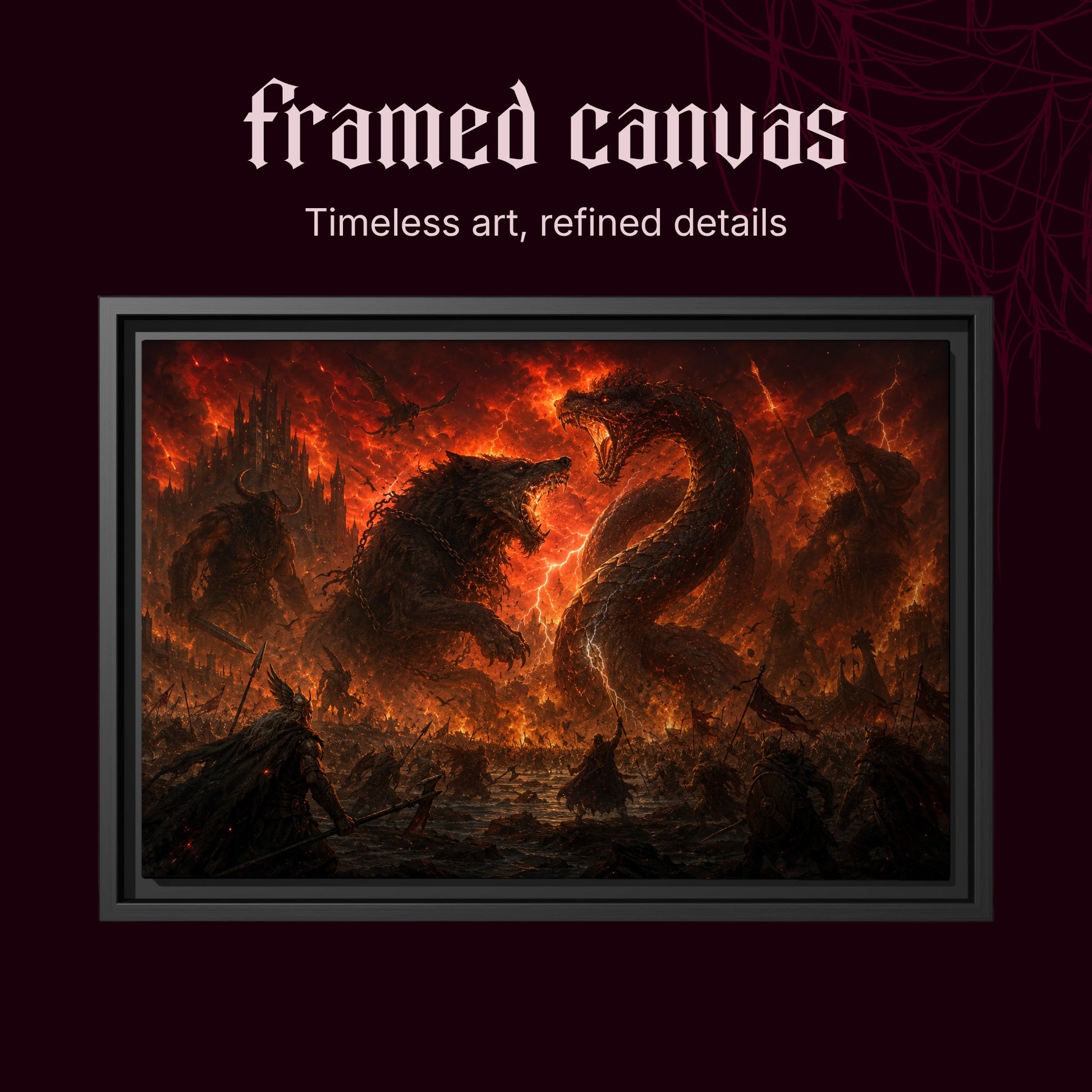 Twilight of the Gods shown as a black framed canvas on a deep red background beneath the heading Framed Canvas — Timeless art, refined details.