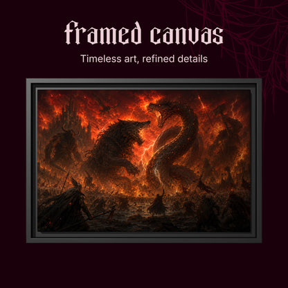 Twilight of the Gods shown as a black framed canvas on a deep red background beneath the heading Framed Canvas — Timeless art, refined details.