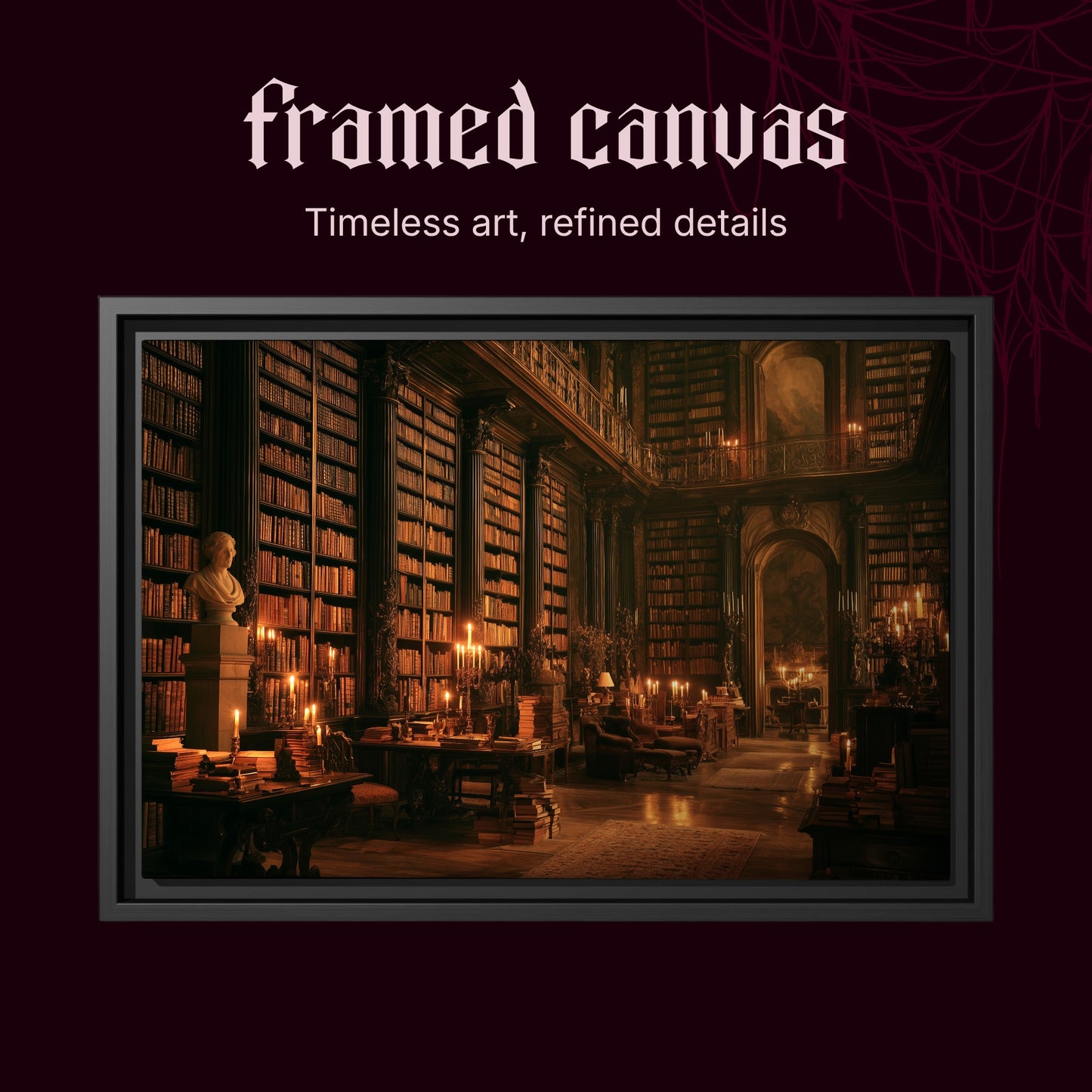 The Long Gallery shown as a black framed canvas on a deep red background beneath the heading Framed Canvas — Timeless art, refined details.
