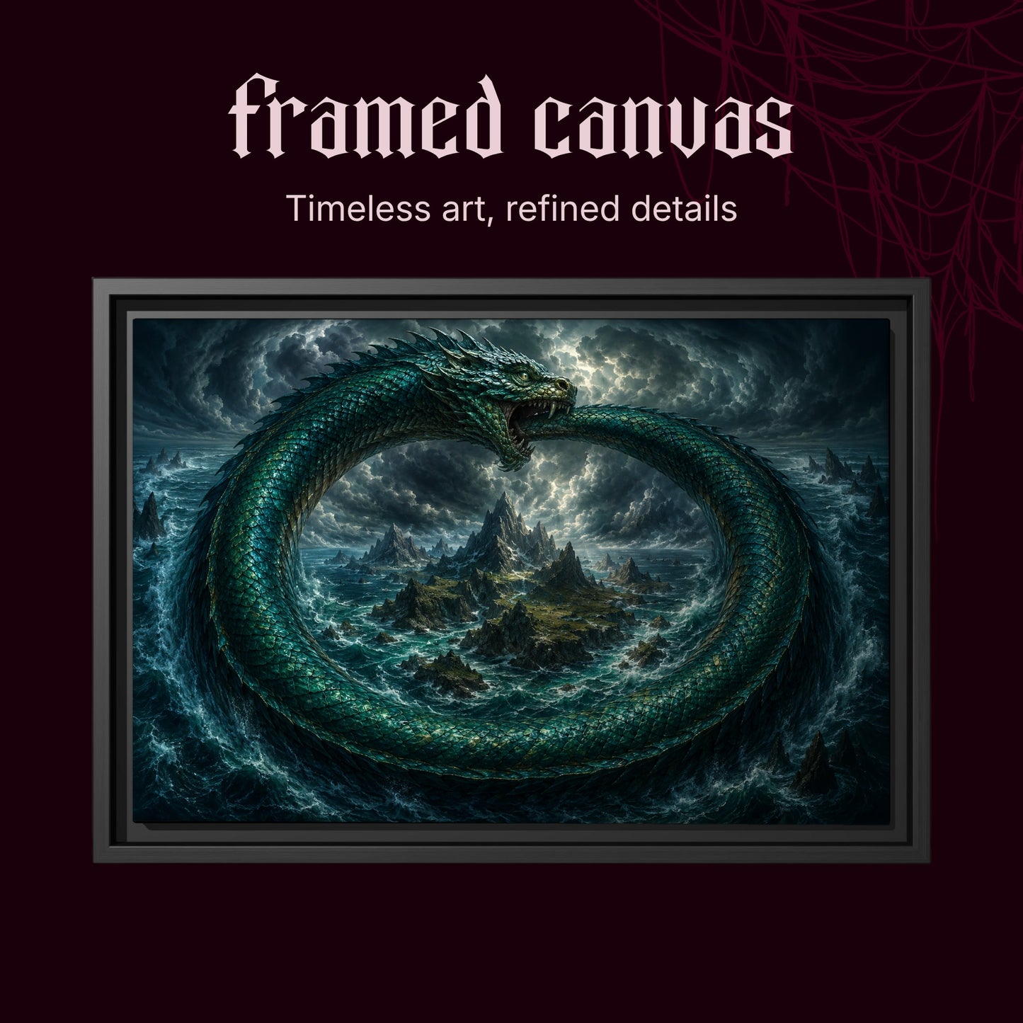 Jörmungandr shown as a black framed canvas on a deep red background beneath the heading Framed Canvas — Timeless art, refined details.