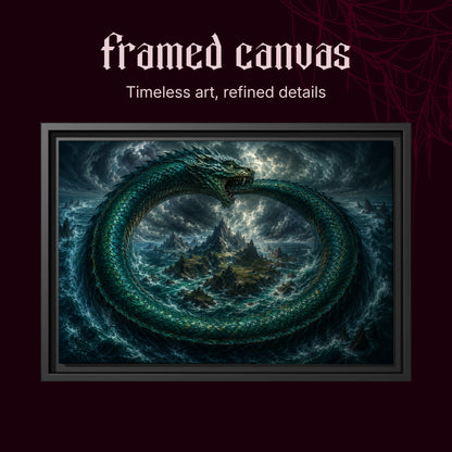 Jörmungandr shown as a black framed canvas on a deep red background beneath the heading Framed Canvas — Timeless art, refined details.
