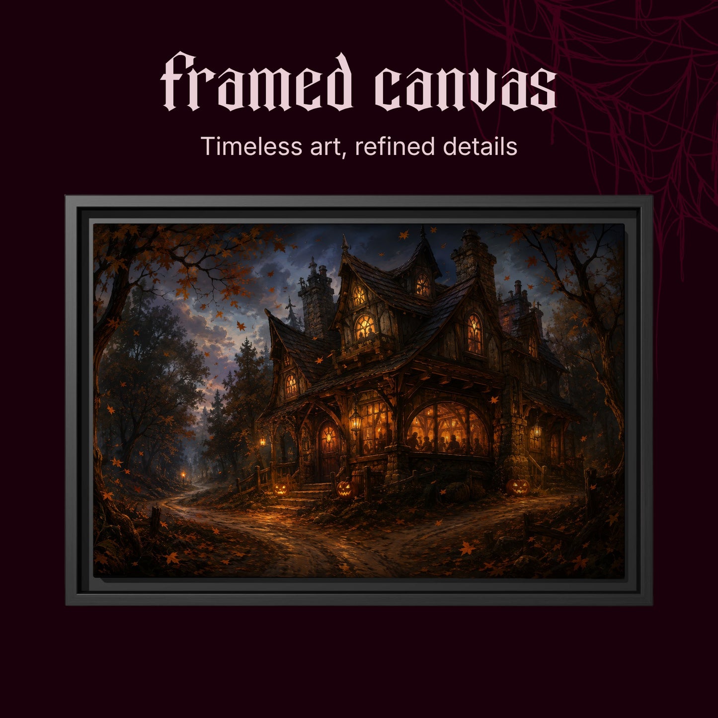 Lantern's End Inn shown as a black framed canvas on a deep red background beneath the heading Framed Canvas — Timeless art, refined details.