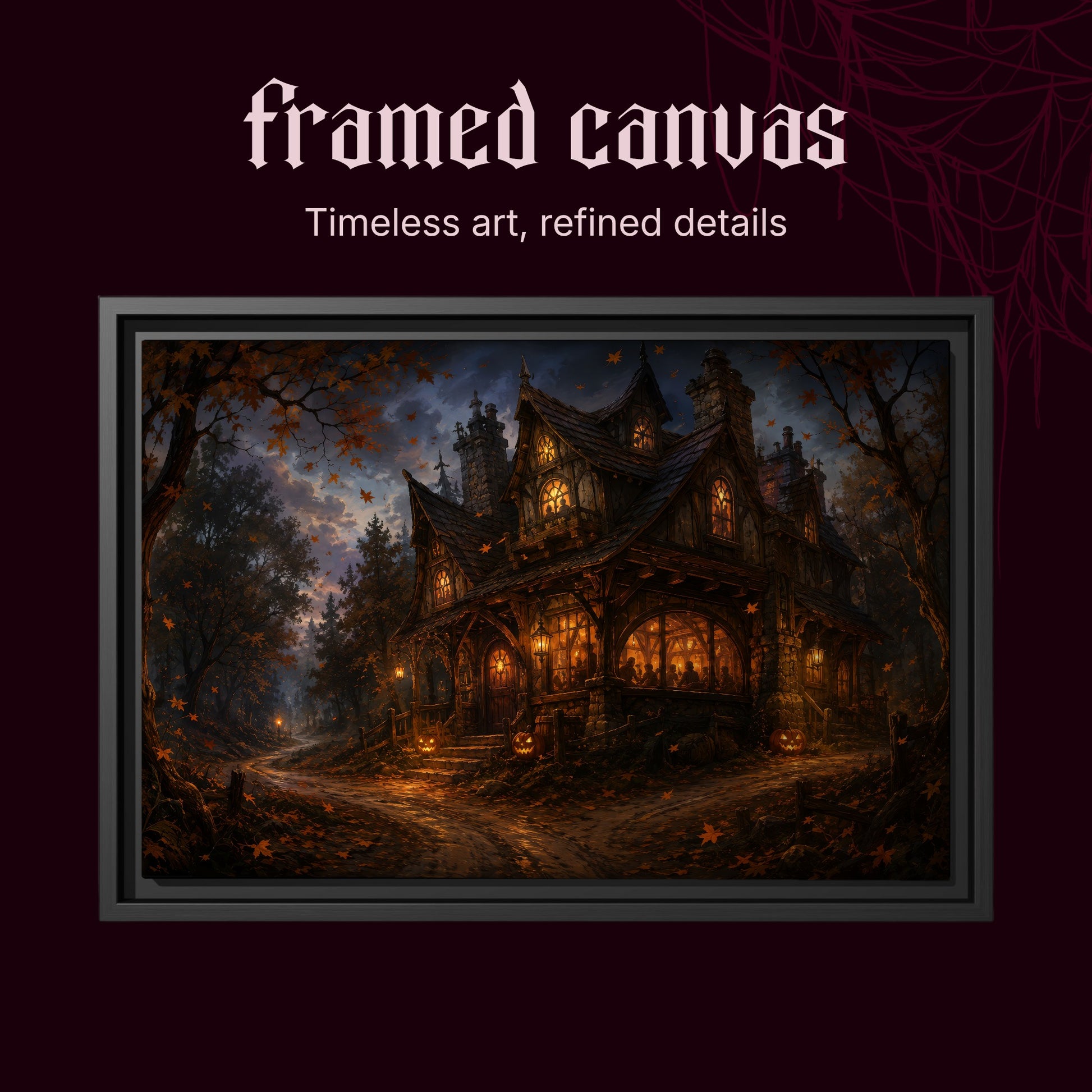 Lantern's End Inn shown as a black framed canvas on a deep red background beneath the heading Framed Canvas — Timeless art, refined details.