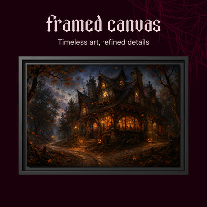 Lantern's End Inn shown as a black framed canvas on a deep red background beneath the heading Framed Canvas — Timeless art, refined details.