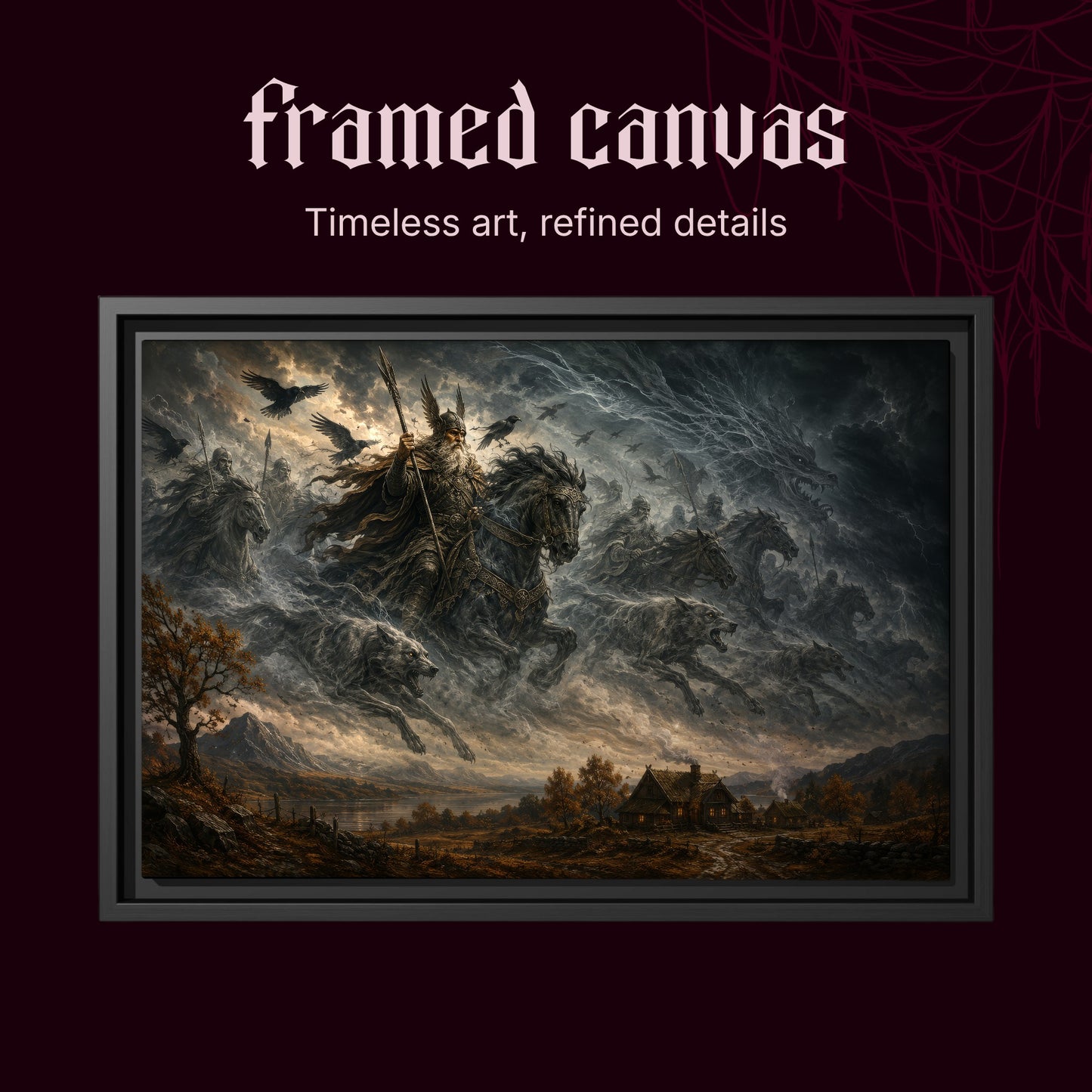 Oskoreia shown as a black framed canvas on a deep red cobwebbed background beneath the heading Framed Canvas — Timeless art, refined details.