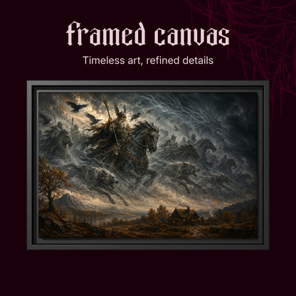 Oskoreia shown as a black framed canvas on a deep red cobwebbed background beneath the heading Framed Canvas — Timeless art, refined details.