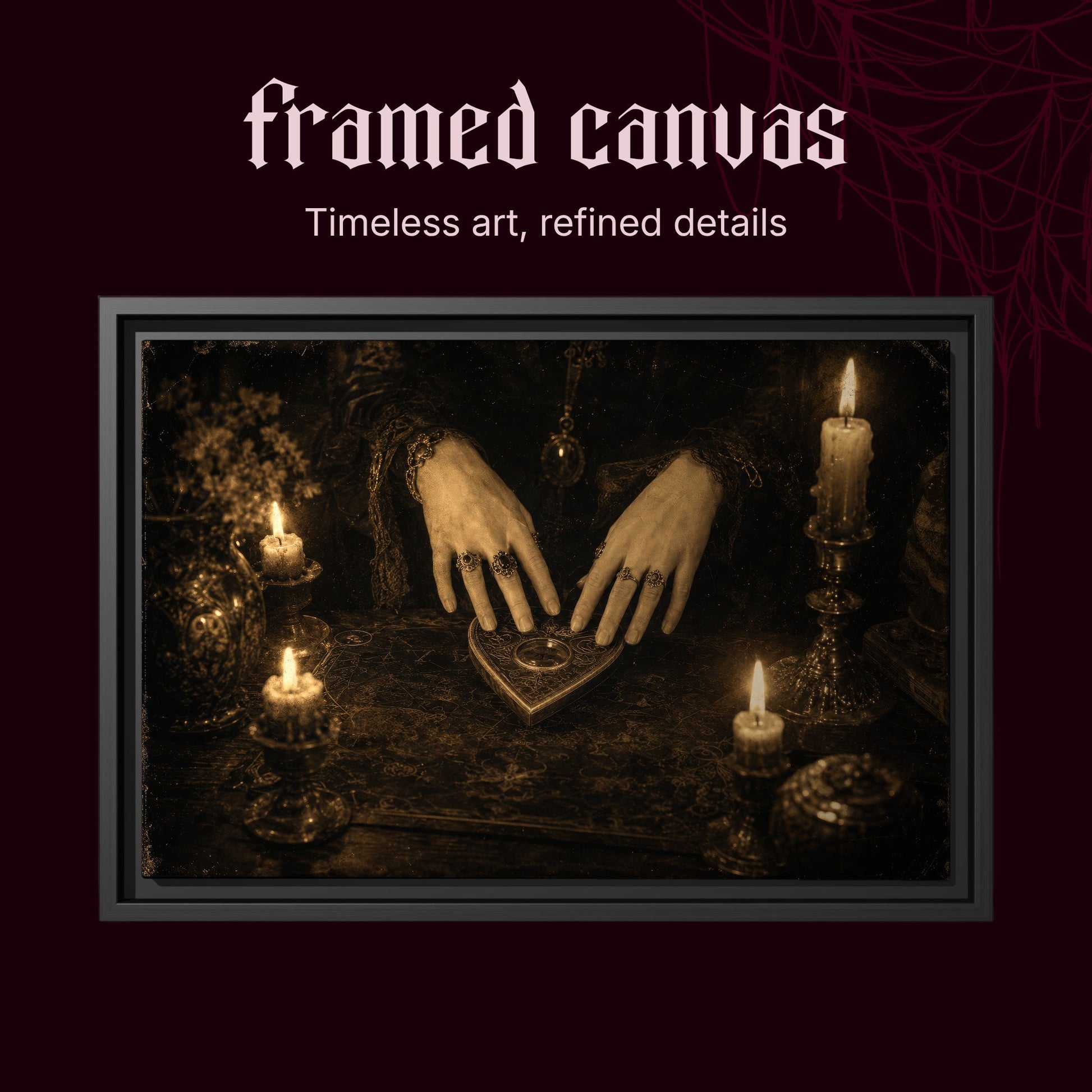 Midnight Communion shown as a black framed canvas on a deep maroon background beneath the heading Framed Canvas — Timeless art, refined details, with a spiderweb graphic in the corner.
