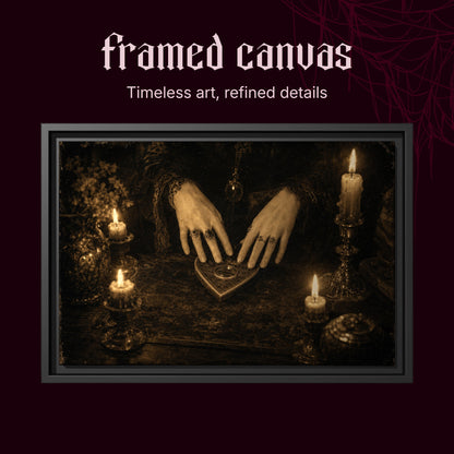 Midnight Communion shown as a black framed canvas on a deep maroon background beneath the heading Framed Canvas — Timeless art, refined details, with a spiderweb graphic in the corner.