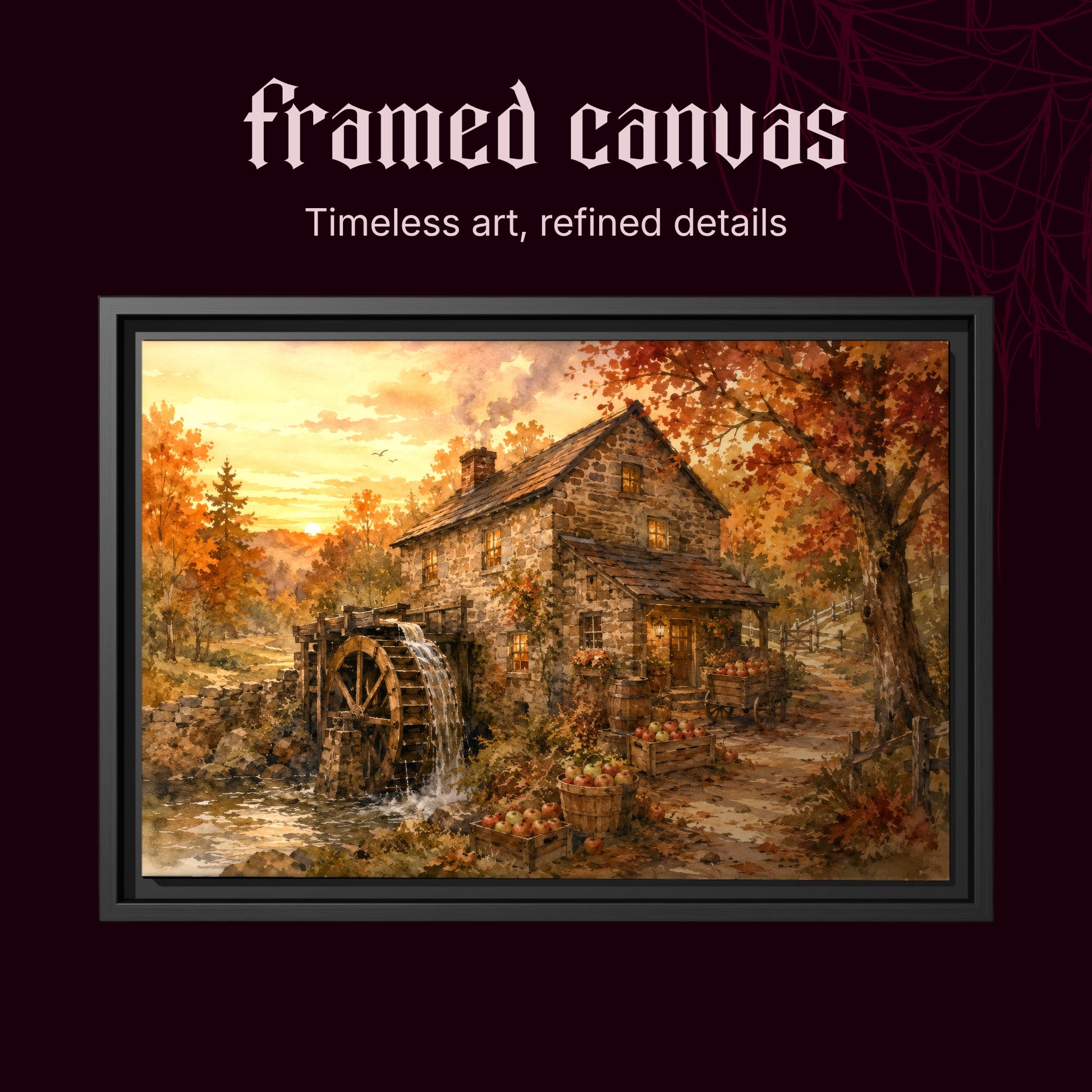 Millpond Gold shown as a black framed landscape canvas on a deep red background beneath the heading Framed Canvas — Timeless art, refined details.