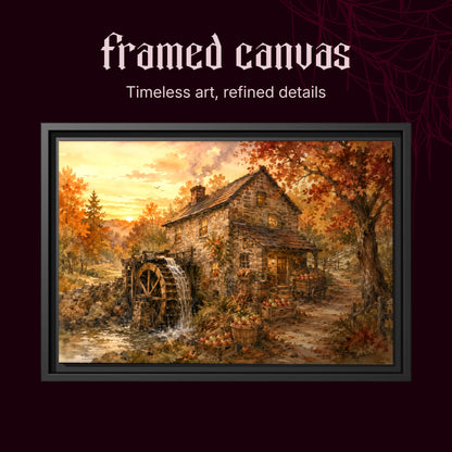 Millpond Gold shown as a black framed landscape canvas on a deep red background beneath the heading Framed Canvas — Timeless art, refined details.