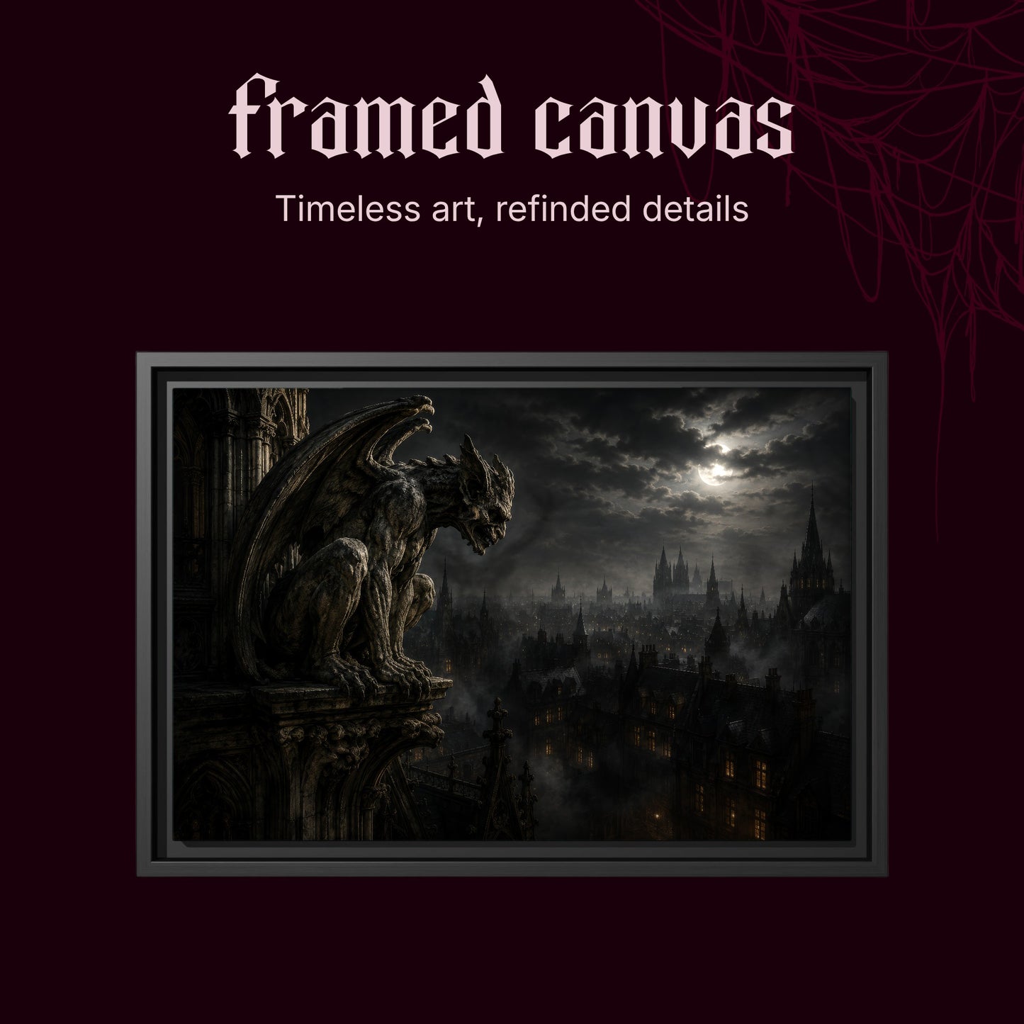 Nightwatch shown as a black framed canvas on a deep red background beneath the heading Framed Canvas — Timeless art, refined details.