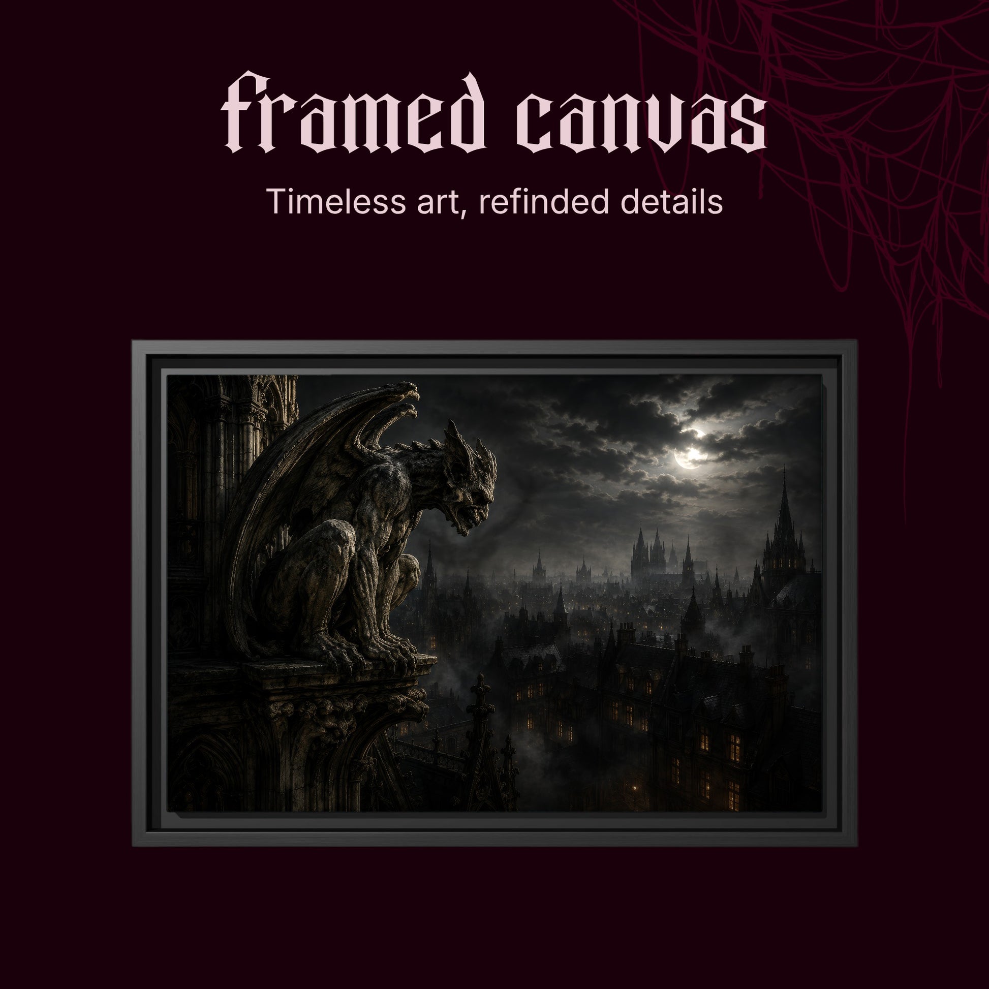 Nightwatch shown as a black framed canvas on a deep red background beneath the heading Framed Canvas — Timeless art, refined details.