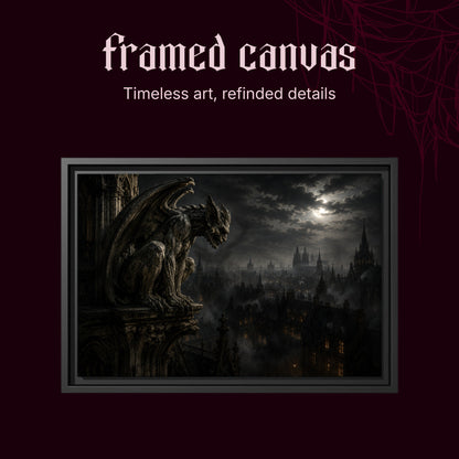 Nightwatch shown as a black framed canvas on a deep red background beneath the heading Framed Canvas — Timeless art, refined details.