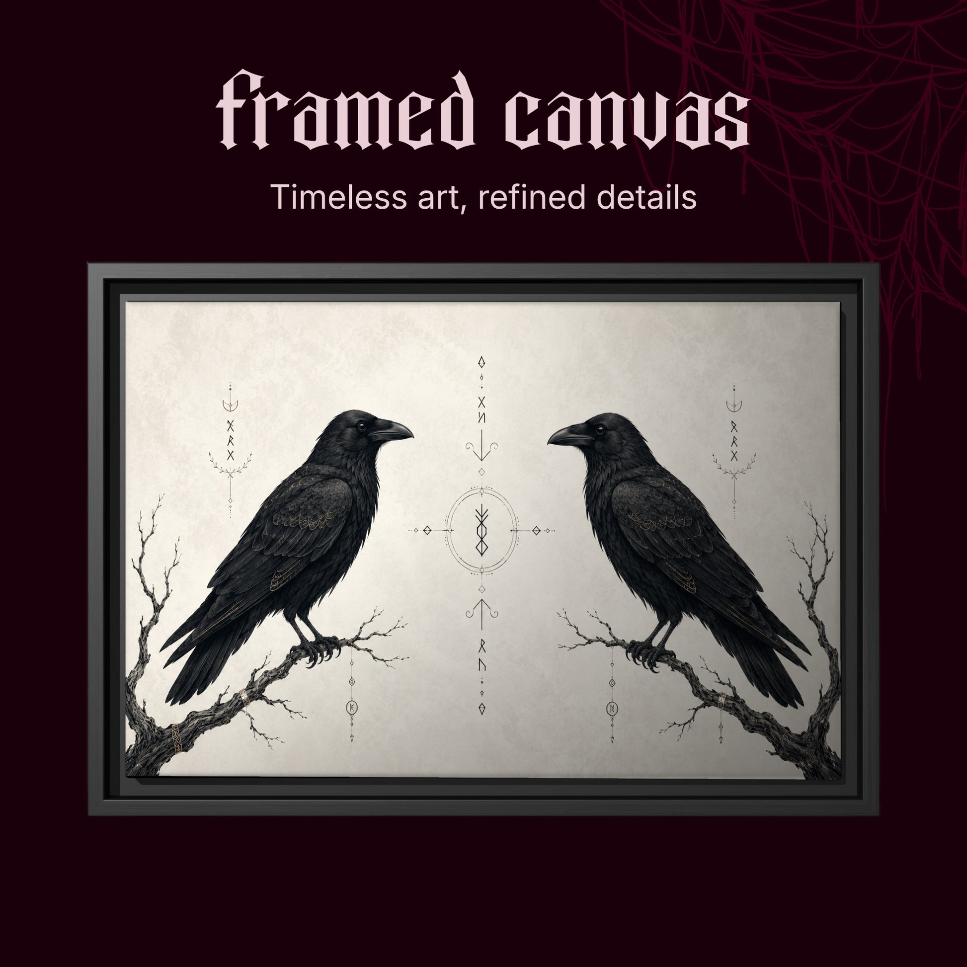 Huginn & Muninn shown as a black framed canvas on a deep red background beneath the heading Framed Canvas — Timeless art, refined details.