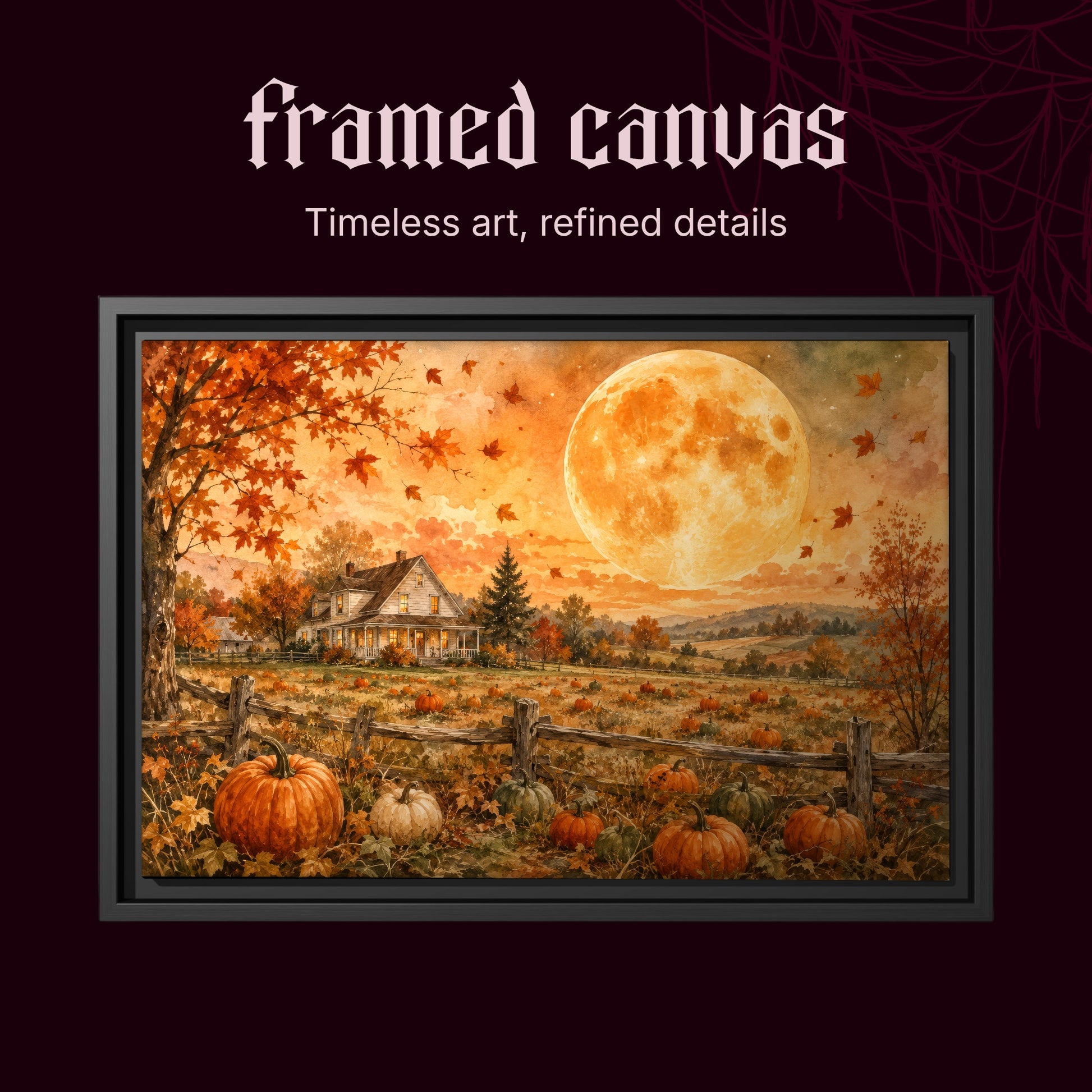 Homestead Moonrise shown as a black framed canvas on a burgundy spiderweb-patterned background beneath the heading Framed Canvas — Timeless art, refined details.