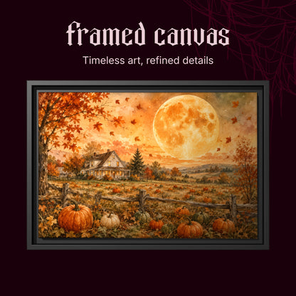 Homestead Moonrise shown as a black framed canvas on a burgundy spiderweb-patterned background beneath the heading Framed Canvas — Timeless art, refined details.