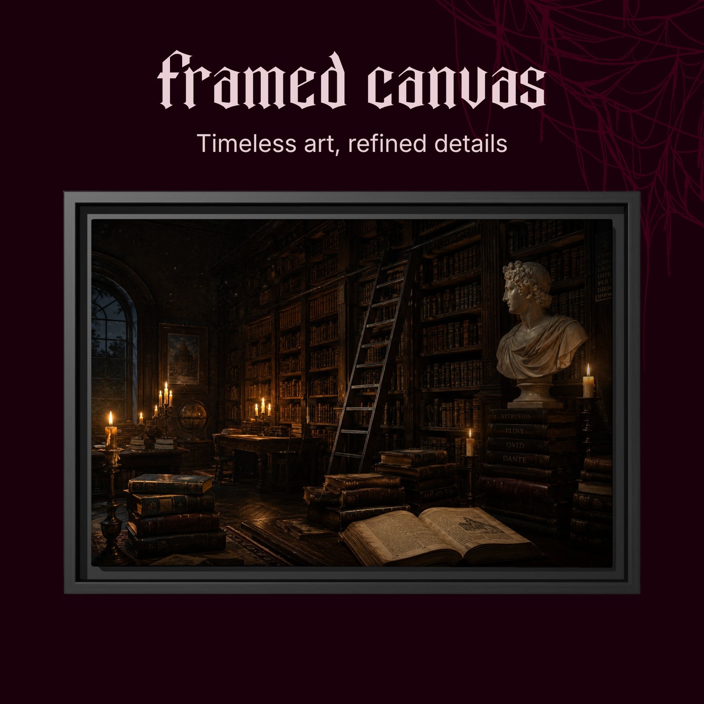 The Small Hours shown as a black framed canvas on a deep red background beneath the heading Framed Canvas — Timeless art, refined details.