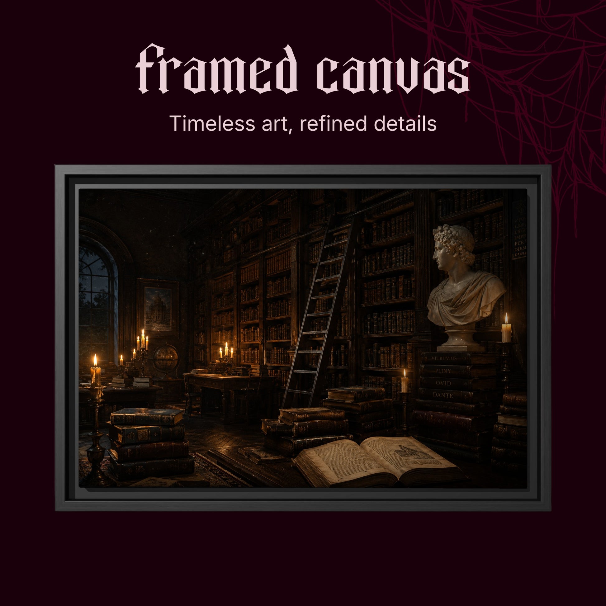 The Small Hours shown as a black framed canvas on a deep red background beneath the heading Framed Canvas — Timeless art, refined details.