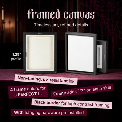 Framed canvas info card for Ember Hollow showing blank canvases front and back in a black gallery frame on burgundy velvet, with callouts for the 1.25 inch profile, non-fading UV-resistant ink, 4 frame colours, a frame that adds half an inch each side, a black border for high contrast, and pre-installed hanging hardware.