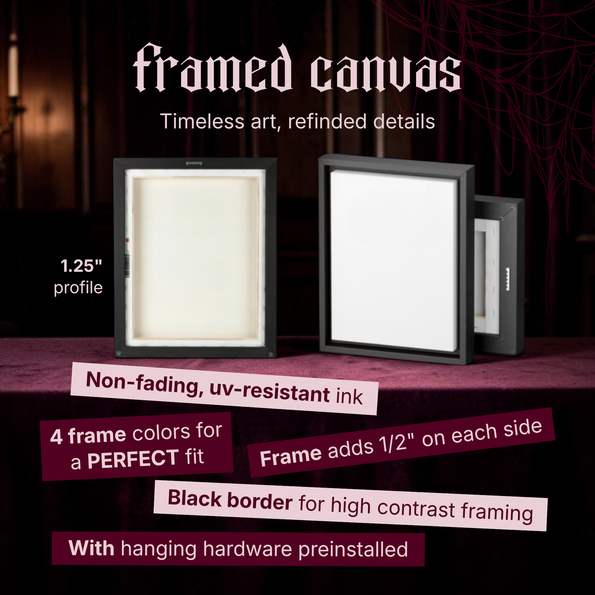 Framed canvas info card for The Winter Garden showing blank canvases front and back in a black gallery frame on burgundy velvet, with callouts for the 1.25 inch profile, non-fading UV-resistant ink, 4 frame colours, a frame that adds half an inch each side, a black border for high contrast, and pre-installed hanging hardware.