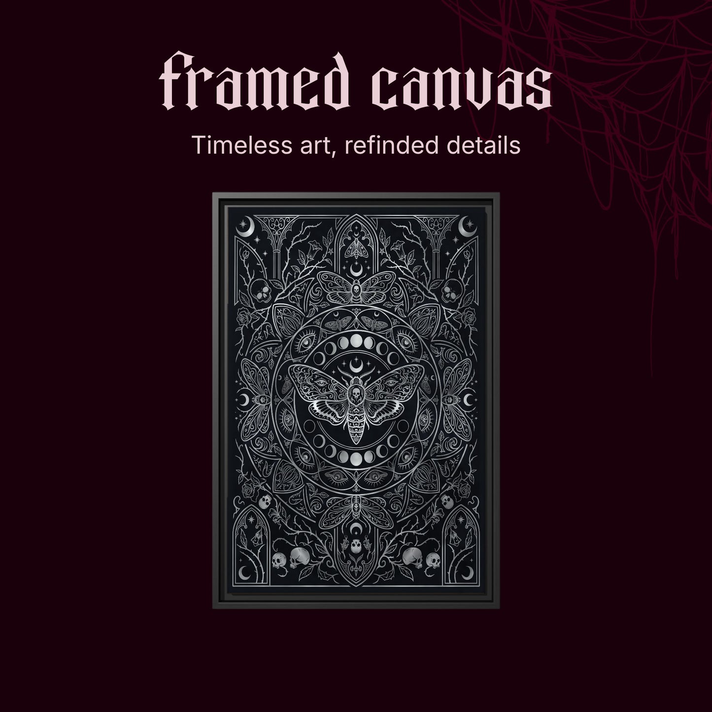 Vanitas shown as a black framed canvas on a deep red background beneath the heading Framed Canvas — Timeless art, refined details.
