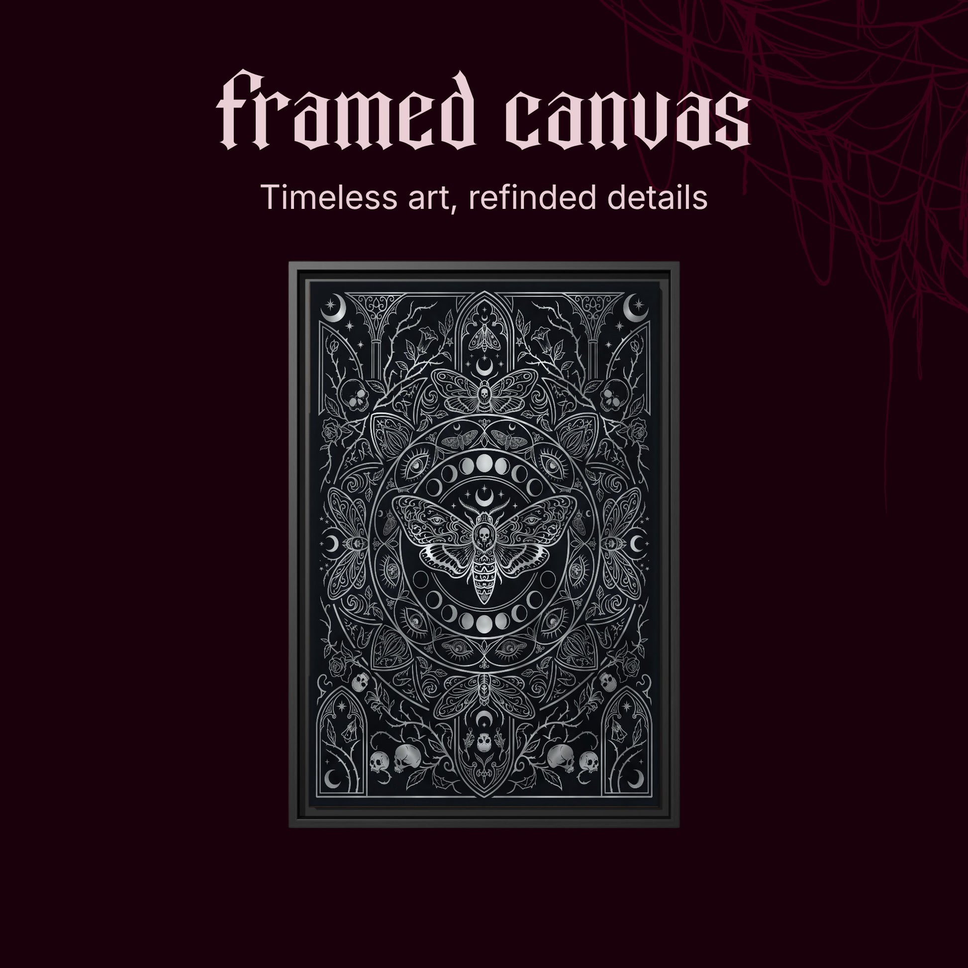 Vanitas shown as a black framed canvas on a deep red background beneath the heading Framed Canvas — Timeless art, refined details.