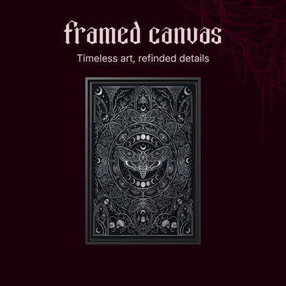 Vanitas shown as a black framed canvas on a deep red background beneath the heading Framed Canvas — Timeless art, refined details.