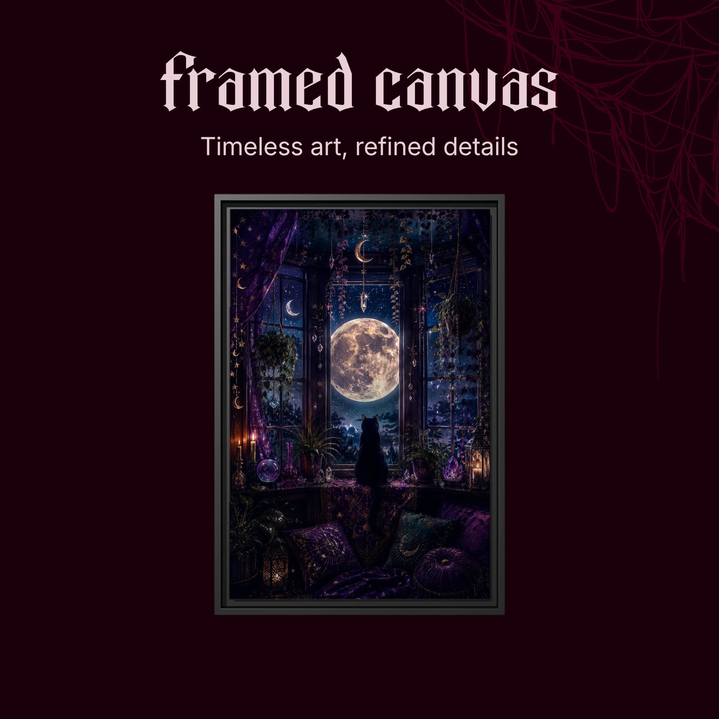 Witch's Window shown as a black framed canvas on a deep red background beneath the heading Framed Canvas — Timeless art, refined details.