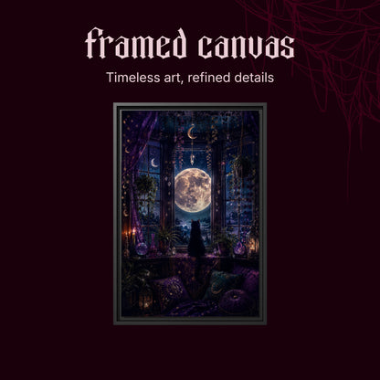 Witch's Window shown as a black framed canvas on a deep red background beneath the heading Framed Canvas — Timeless art, refined details.