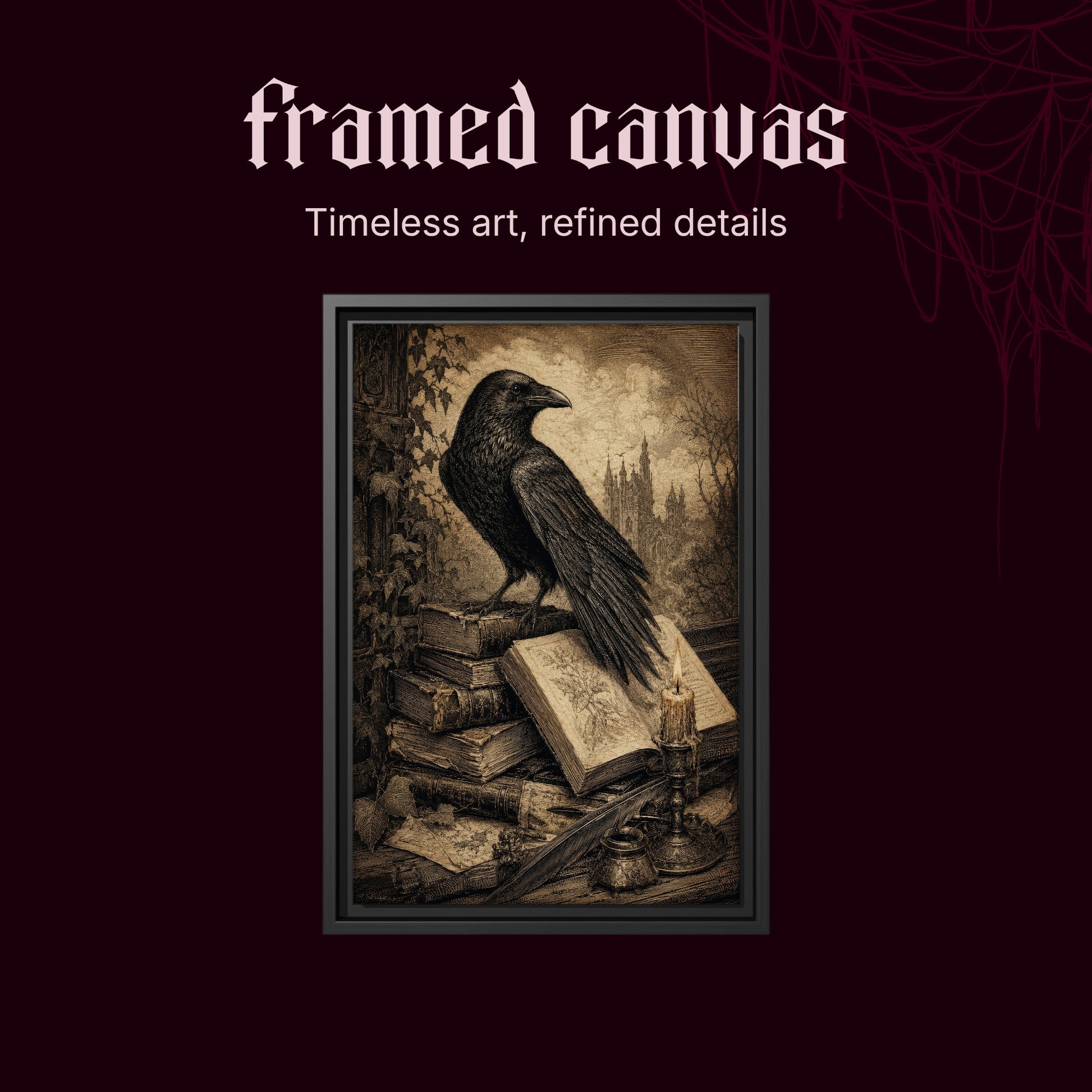 Muninn's Vigil shown as a black framed canvas on a deep red background beneath the heading Framed Canvas — Timeless art, refined details.
