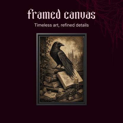 Muninn's Vigil shown as a black framed canvas on a deep red background beneath the heading Framed Canvas — Timeless art, refined details.