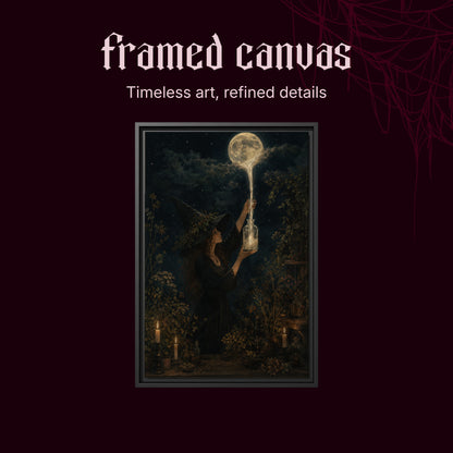 Moonfall shown as a black framed canvas on a deep red background beneath the heading Framed Canvas — Timeless art, refined details.