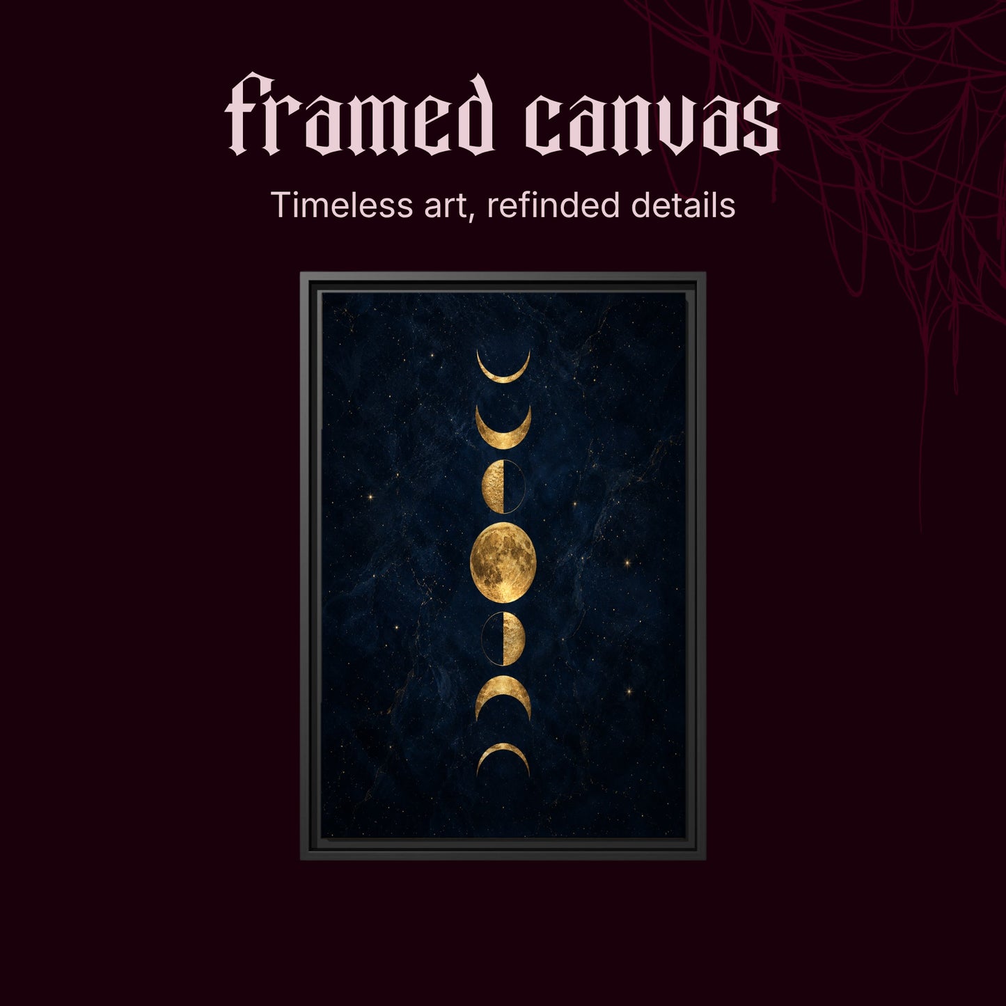 Lunarium shown as a black framed canvas on a deep red background beneath the heading Framed Canvas — Timeless art, refined details.