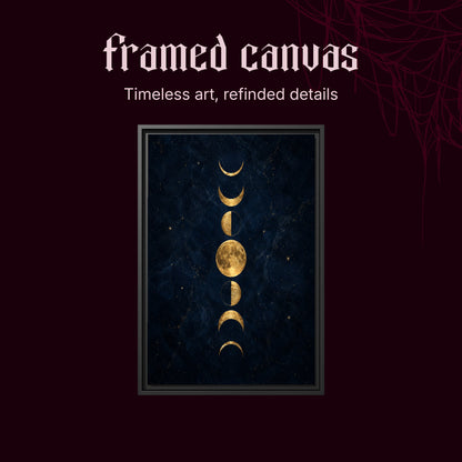 Lunarium shown as a black framed canvas on a deep red background beneath the heading Framed Canvas — Timeless art, refined details.