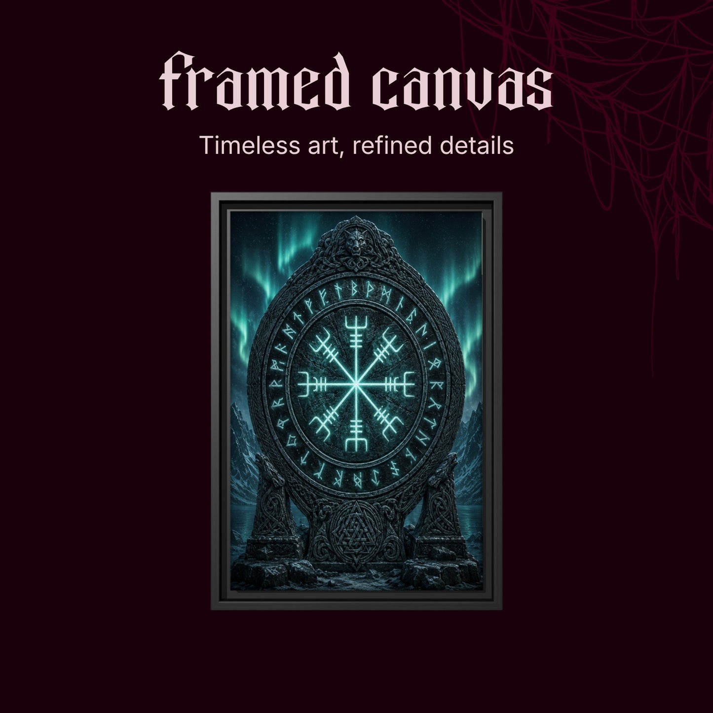 Vegvísir shown as a black framed canvas on a deep red background beneath the heading Framed Canvas — Timeless art, refined details.