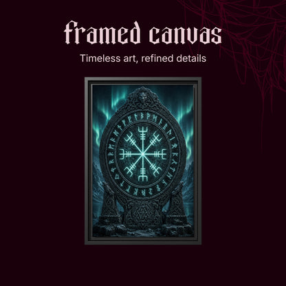 Vegvísir shown as a black framed canvas on a deep red background beneath the heading Framed Canvas — Timeless art, refined details.