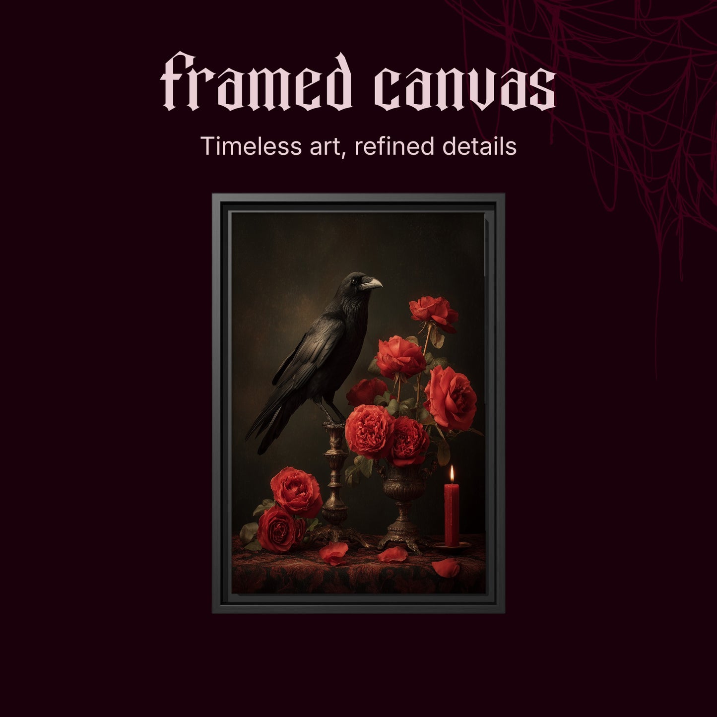 Vermilion shown as a black framed canvas on a deep red background beneath the heading Framed Canvas — Timeless art, refined details.