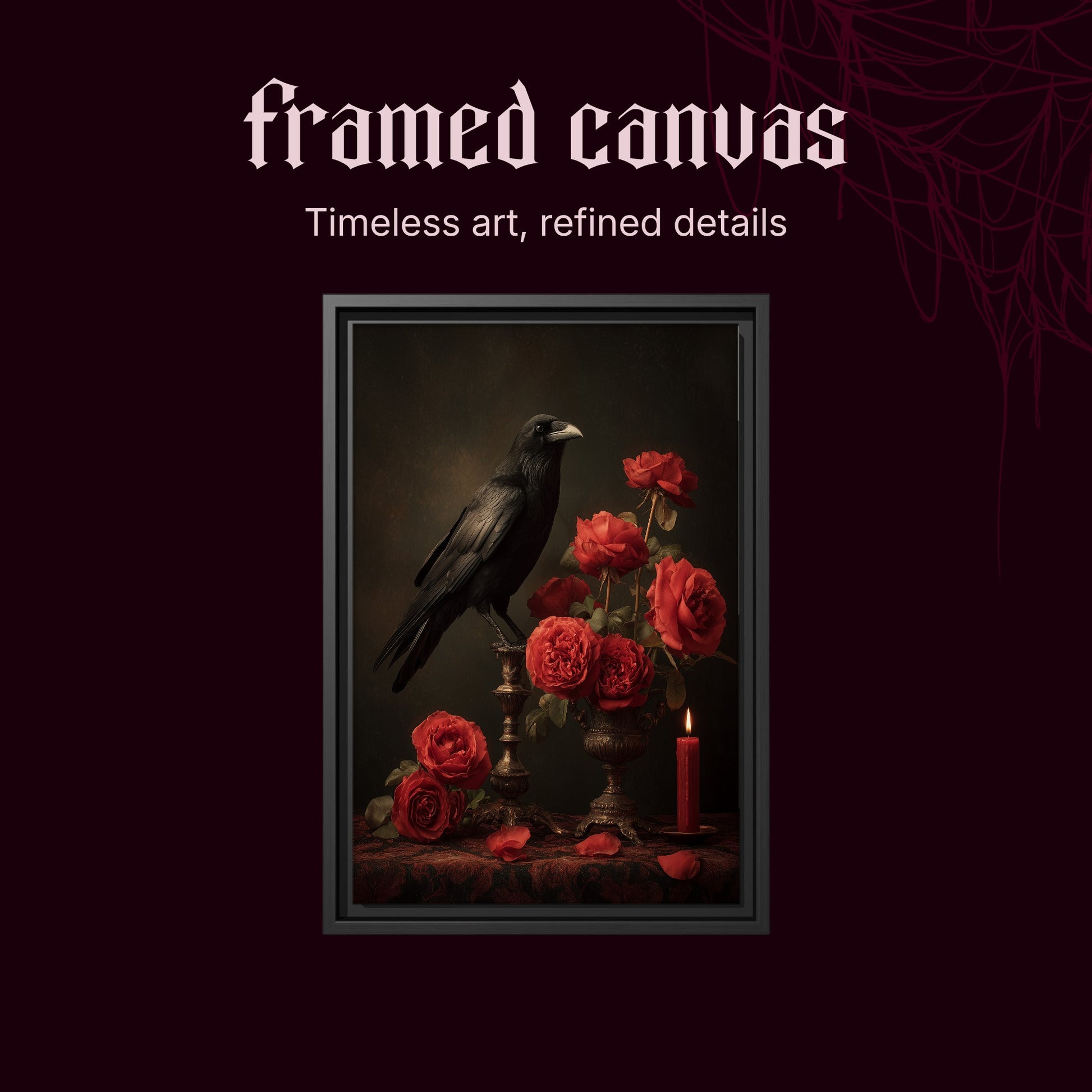Vermilion shown as a black framed canvas on a deep red background beneath the heading Framed Canvas — Timeless art, refined details.