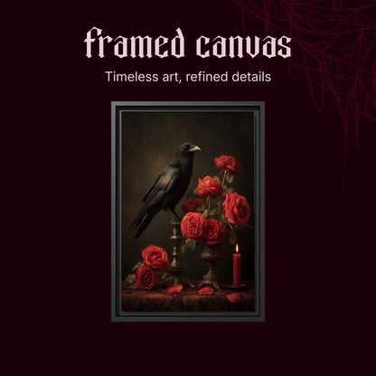 Vermilion shown as a black framed canvas on a deep red background beneath the heading Framed Canvas — Timeless art, refined details.