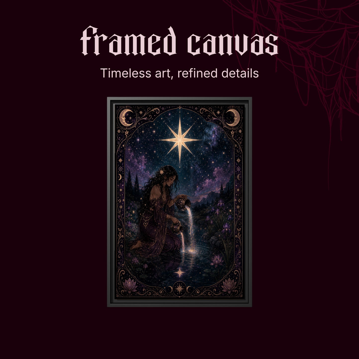 Nocturne Tarot: The Star shown as a black framed canvas on a deep red background beneath the heading Framed Canvas — Timeless art, refined details.