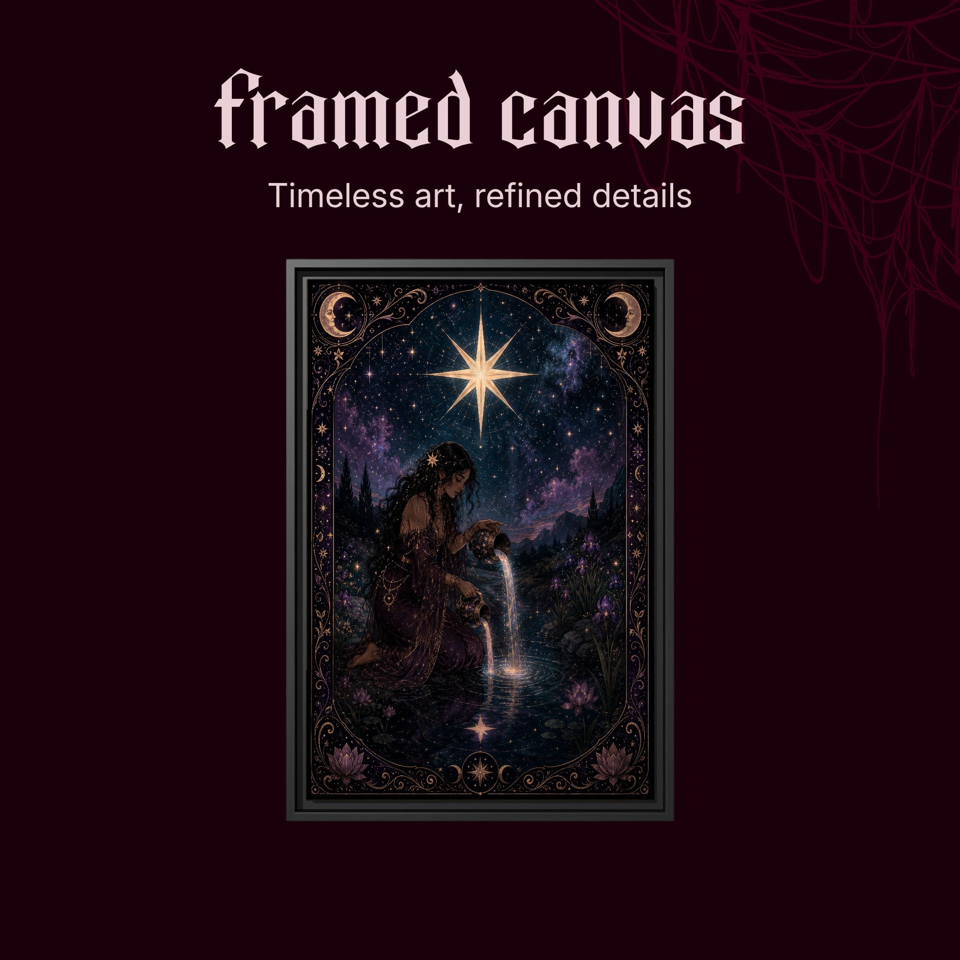 Nocturne Tarot: The Star shown as a black framed canvas on a deep red background beneath the heading Framed Canvas — Timeless art, refined details.