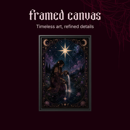 Nocturne Tarot: The Star shown as a black framed canvas on a deep red background beneath the heading Framed Canvas — Timeless art, refined details.