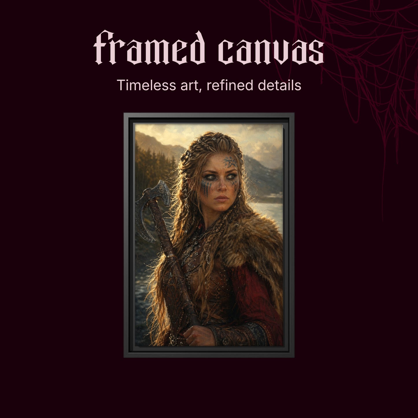 Shieldmaiden shown as a black framed canvas on a deep red background beneath the heading Framed Canvas — Timeless art, refined details.